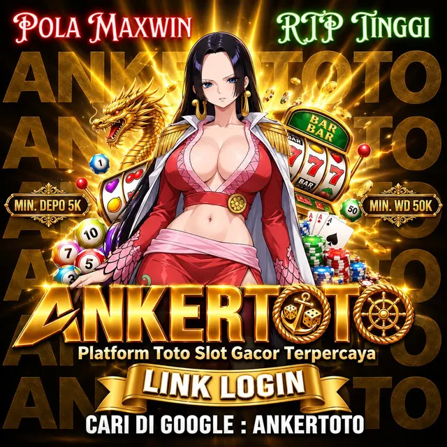 Poster Ankertoto bertema naga emas, mesin slot 777, dan bola togel dengan tulisan link login